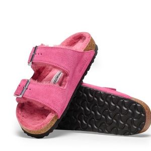 Birkenstock Arizona Pink Shearling Sandals 38 Fuchsia Tulip new
